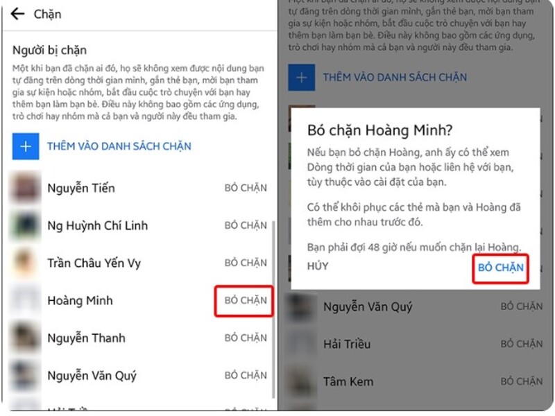 cách bỏ chặn trên facebook điện thoại