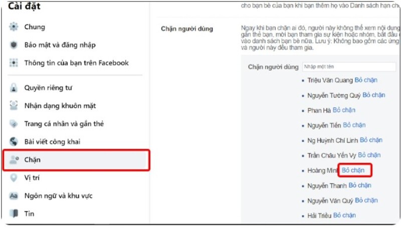 cách bỏ chặn trên facebook máy tính