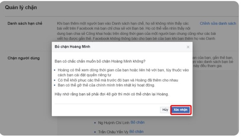 cách bỏ chặn trên facebook máy tính