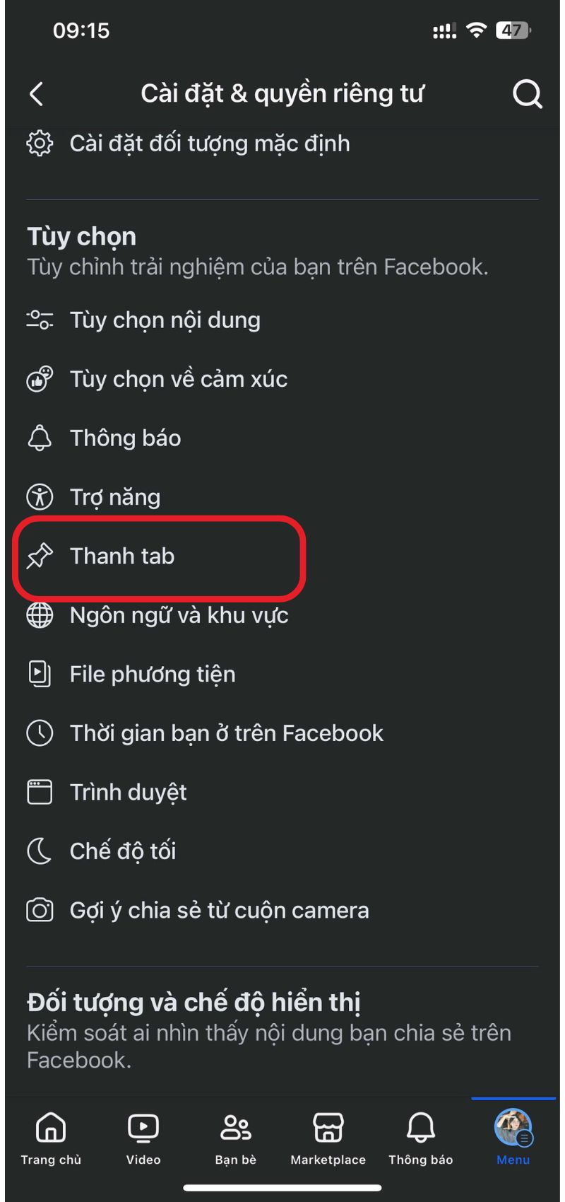 thanh tab lối tắt trên fb